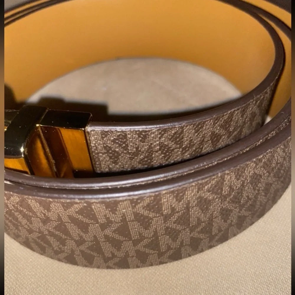Michael Kors MK Logo Reversible Brown Belt Gold Buckle Plus Size 1X 50”